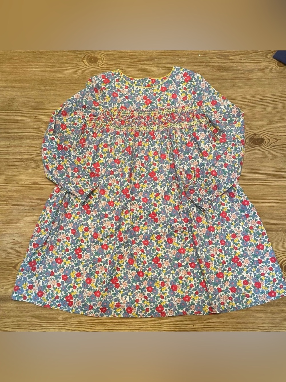 Mini Boden Floral Smocked Long-Sleeve Top - Red, Blue, Yellow Dress